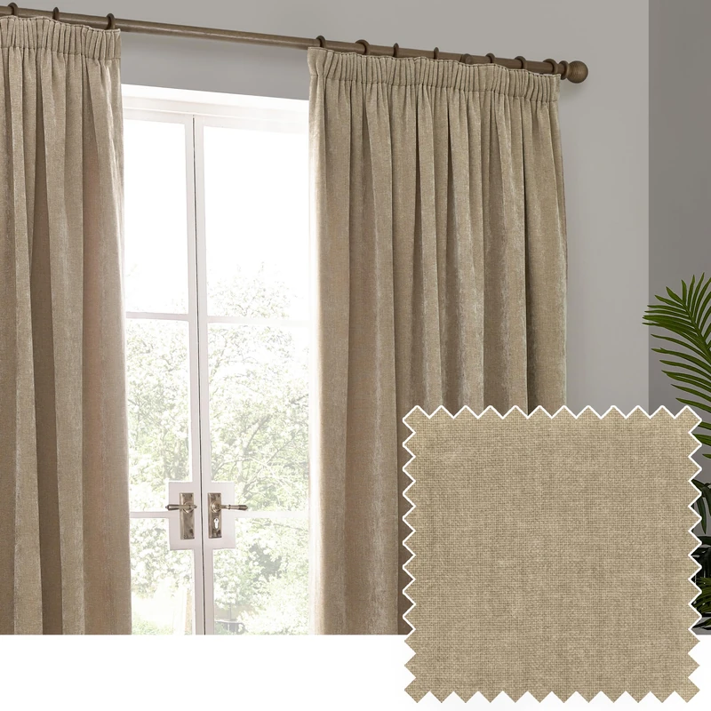 furn. Yard Heavy Chenille Pencil Pleat Curtain Pair – Lined Room Darkening Soft Velvet Curtains (Natural - Width 168 x Drop 229cm) - Image 1