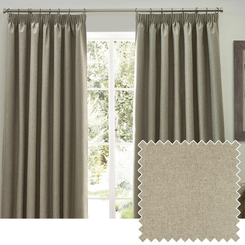 furn. Dawn Textured Blackout Pencil Pleat Curtains – Thermal Lined Pair (Natural - Width 117 x Drop 137cm)