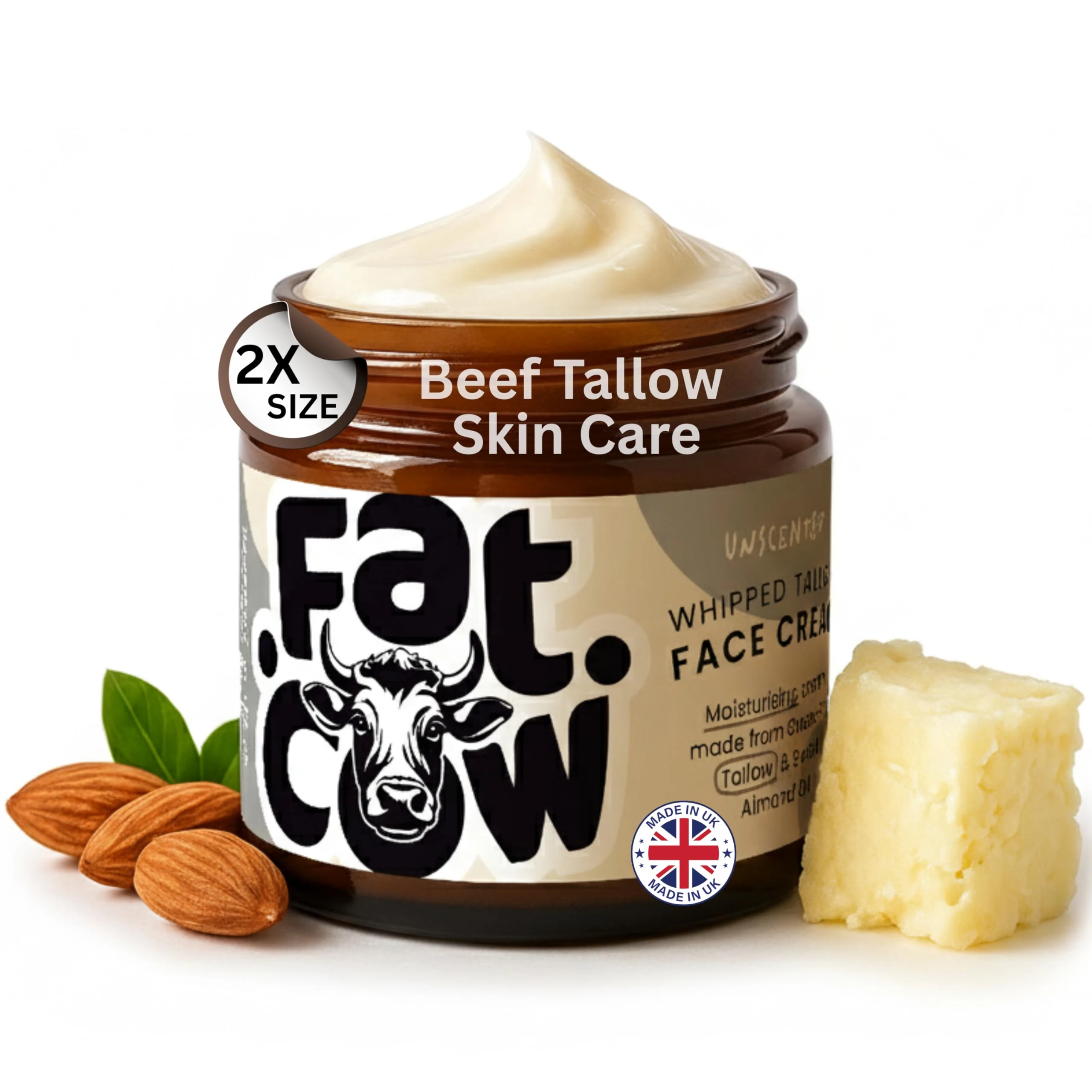 Beef Tallow Skin Care, Tallow Face Cream Moisturiser, 100% Grass-Fed & Whipped Enriched with Almond Oil, Deep & Natural Hydration for Sensitive & Dry Skin, 120ml Unscented