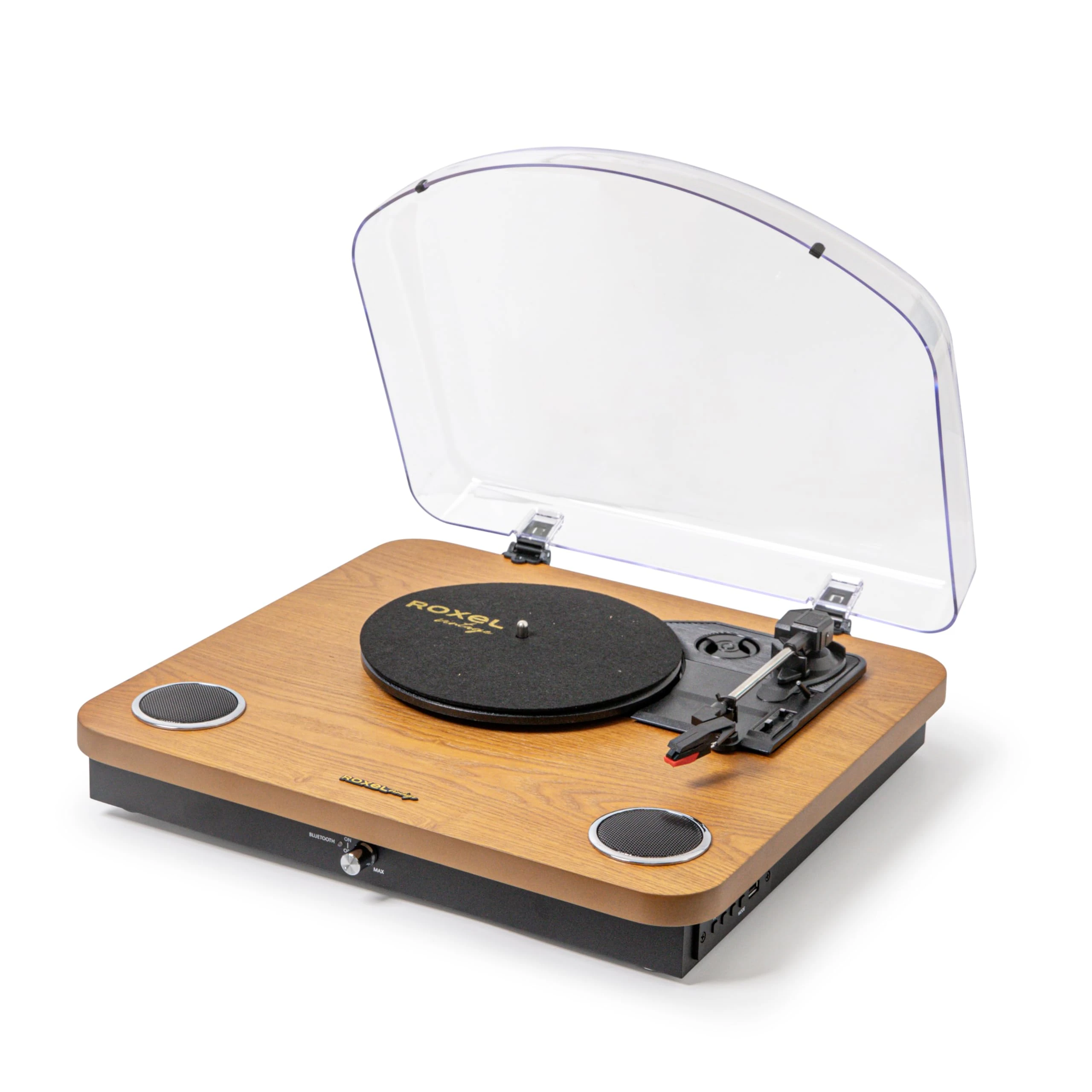Roxel VRP-60 Vinyl Record Player, Turntable with Built In Speakers, BT IN/OUT, Three Playback Speeds, USB Output for Conversion Natural Wood Finish