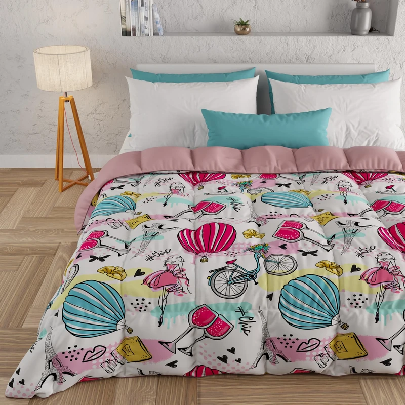 PETTI Artigiani Italiani - Quilt, Winter Duvet, Winter Quilt, Single Double Sided Quilt, Solid Colour and Digital Print, 100% Hypoallergenic Microfibre, Made in Italy