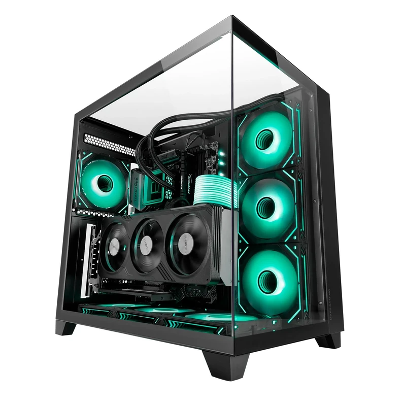 Mars Gaming MC-3C, ATX Gaming Case, 3D Panoramic View with Triple Tempered Glass, Dual Chamber Side Design, Full Liquid Cooling Support, Mid-Tower PC with Cable Management, Black