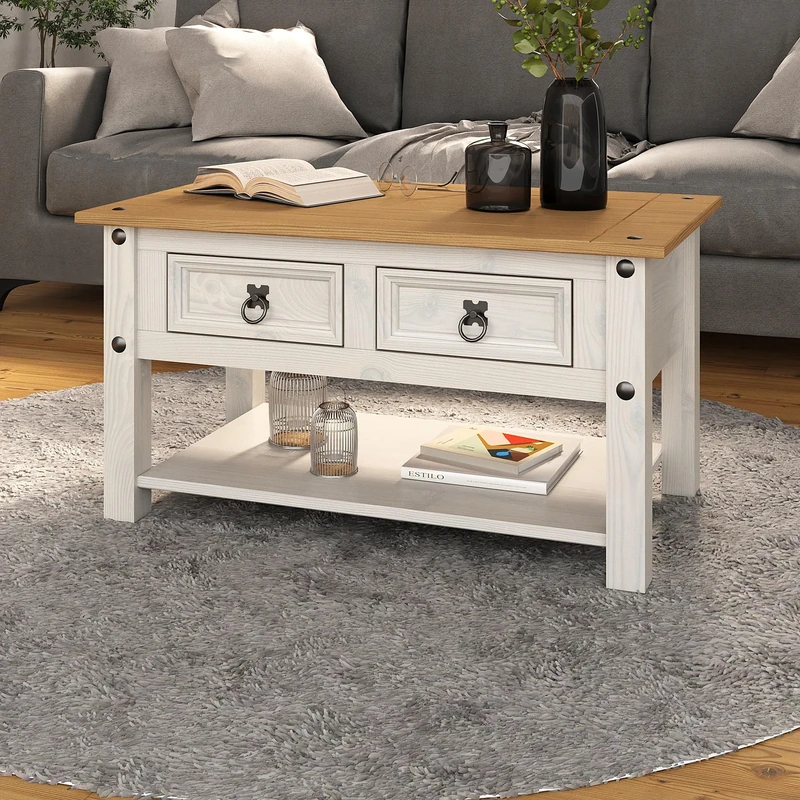 Corona White 2 Drawer Coffee Table Occasional Mexican Solid Pine Wood