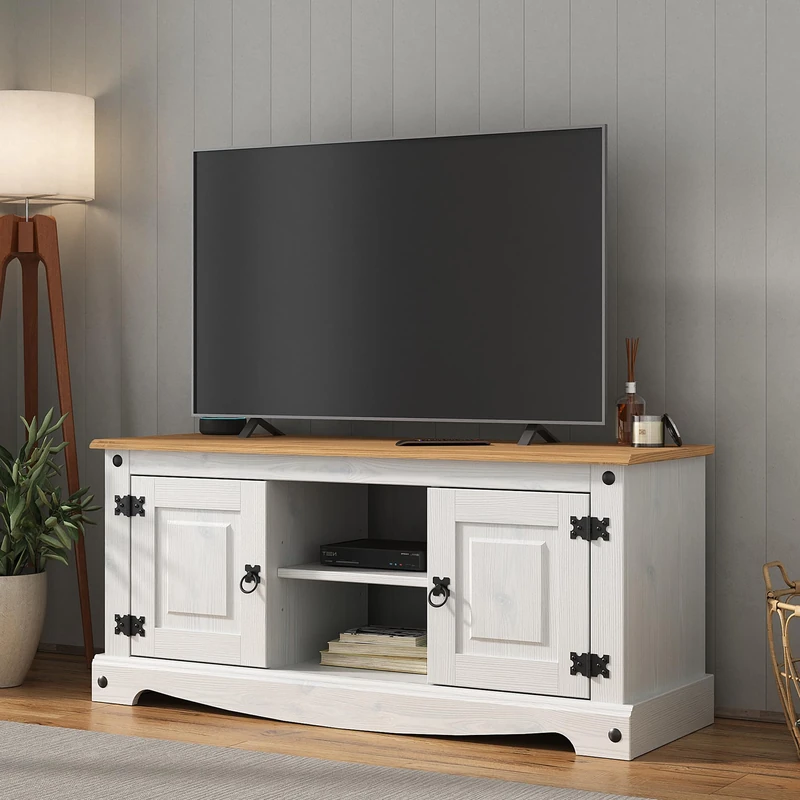 Corona White TV Stand Flat Screen Entertainment Unit 2 Door Television Cabinet Mexican Solid Pine