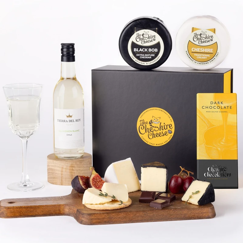 Indulgent White Wine, Cheese & Chocolate Gift Set | Includes 2 Cheeses, Sauvignon Blanc and Cheshire Chocolatiers Chocolate Bar from Cheshire Cheese Company | Wine Gifts for Women, Men and more