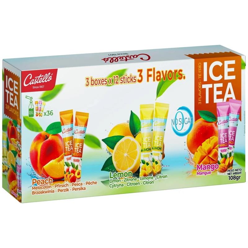 Castello since 1907 Iced Tea (Ice Tea) Zero & Instant Sachets | 3-Pack: Peach, Lemon and Mango | Total 36 sachets | 1 sachet = 500 ml of Tea | Zero Calorie | Zero Sugar | Zero Aspartame