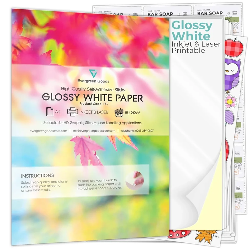 Evergreen Goods 500 Sheets A4 White Glossy Self Adhesive Sticky Back Label Printable Sticker Paper | Inkjet & Laser Printing