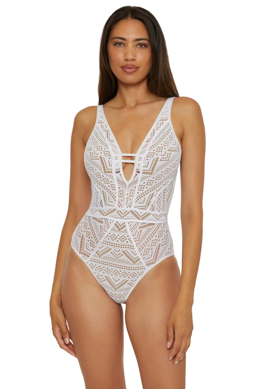 BECCA Women's Color Play One Piece Swimsuit, Plunge Neck, Crochet, Bathing Suits, White Tan, Large