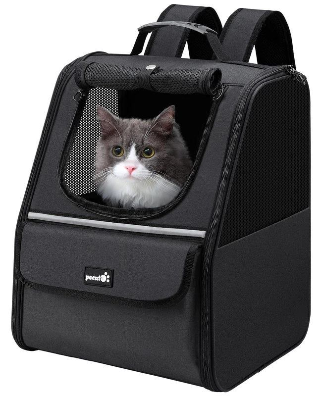 Pecute Cat Backpack Breathable, Cat Carrier Backpack Lightweight and Portable, Dog Backpack with Safety Rope, Carrier for Pets up to 6kg, Adjustable Pet Backpack for Travel, Hiking, Walking, Black