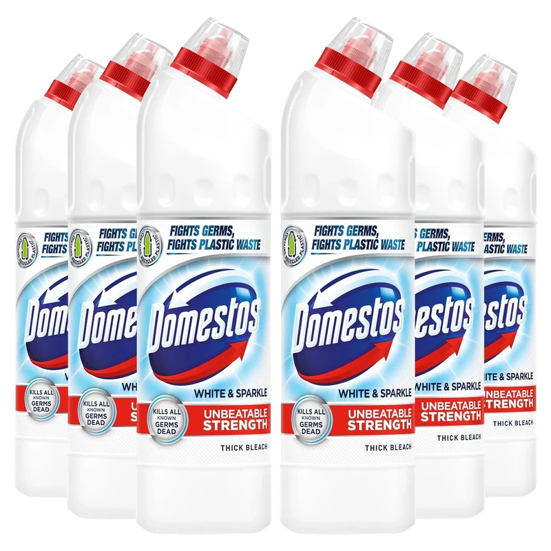 Domestos Thick Bleach White and Sparkle Multi-Purpose Disinfectant Anti-Bacterial Surface Cleaner Gel Limescale Remover for Toilet, Bathroom and Kitchen, 750ml (Buy 6)