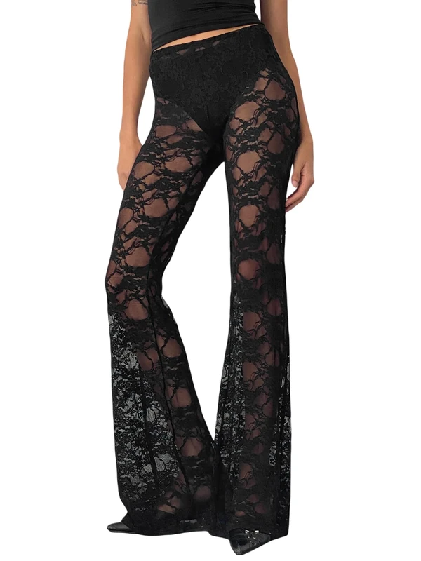 LYSINK Women Y2k Sexy Lace Hollow Flare Pants Gothic High Waist Black Pants Sheer See Through Bell-Bottoms Trousers (A-a-Black, M)