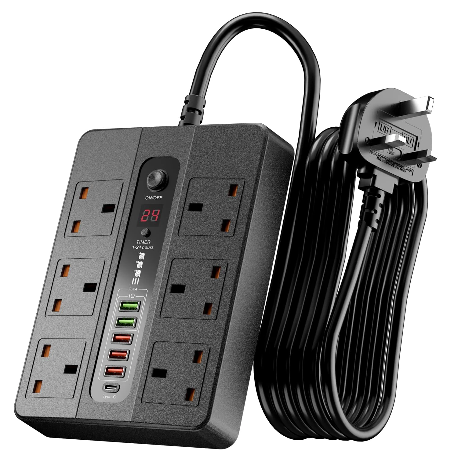 3M/9.84FT Extension Lead with USB Slots,6 AC Way with 5 USB+1 USB-C Slots,Extension Cable Surge Protected,1-24 Hour Timer,Power Strip UK Multi Plug Adapter Electrical Cords for Home and Office (Black)