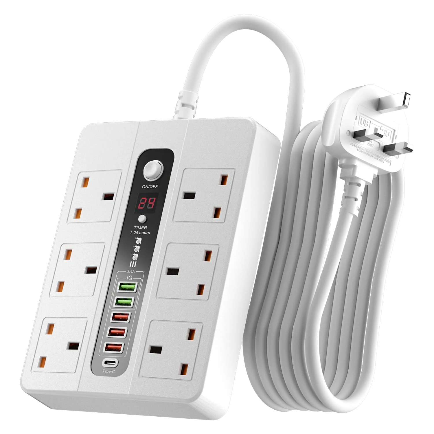 3M/9.84FT Extension Lead with USB Slots,6 AC Way with 5 USB+1 USB-C Slots,Extension Cable Surge Protected,1-24 Hour Timer,Power Strip UK Multi Plug Adapter Electrical Cords for Home and Office (White)