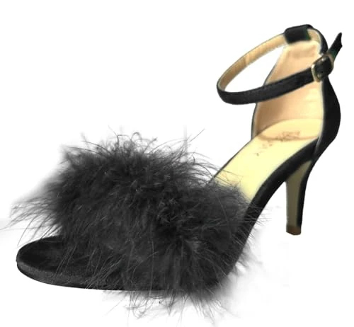 MMJULY Women's Open Toe Ankle Strap Fluffy Feather Stiletto High Heel Dress Sandal, Black-lowheel, 9 UK