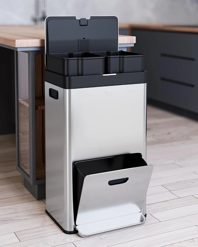 GarveeHome Stainless Steel 56L/14.8 Gal 3-Compartment Pedal Trash Can for Kitchen, School, Hospital