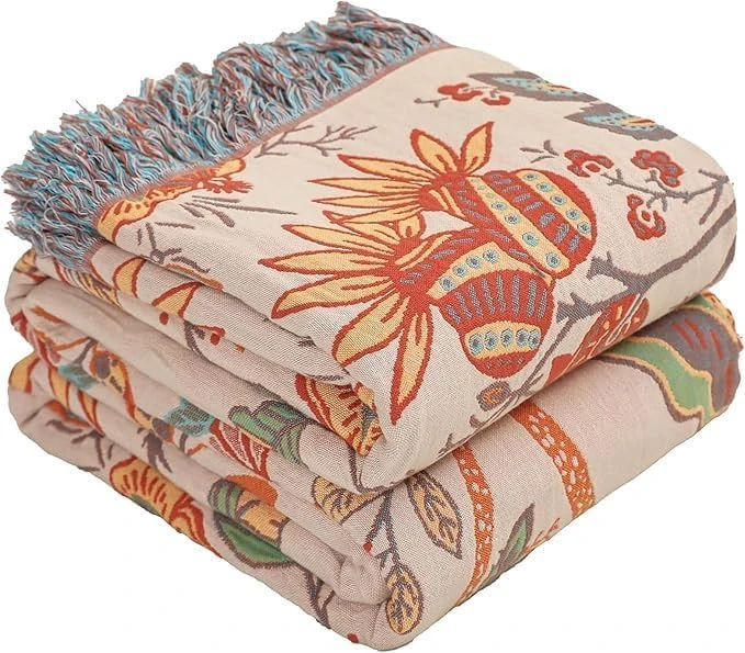 HOORDRY 4-Layer Cotton Gauze Blanket - Reversible, Bohemian Style with Anemone Flower Pattern & Tassel Design 150×200CM(60×80In)