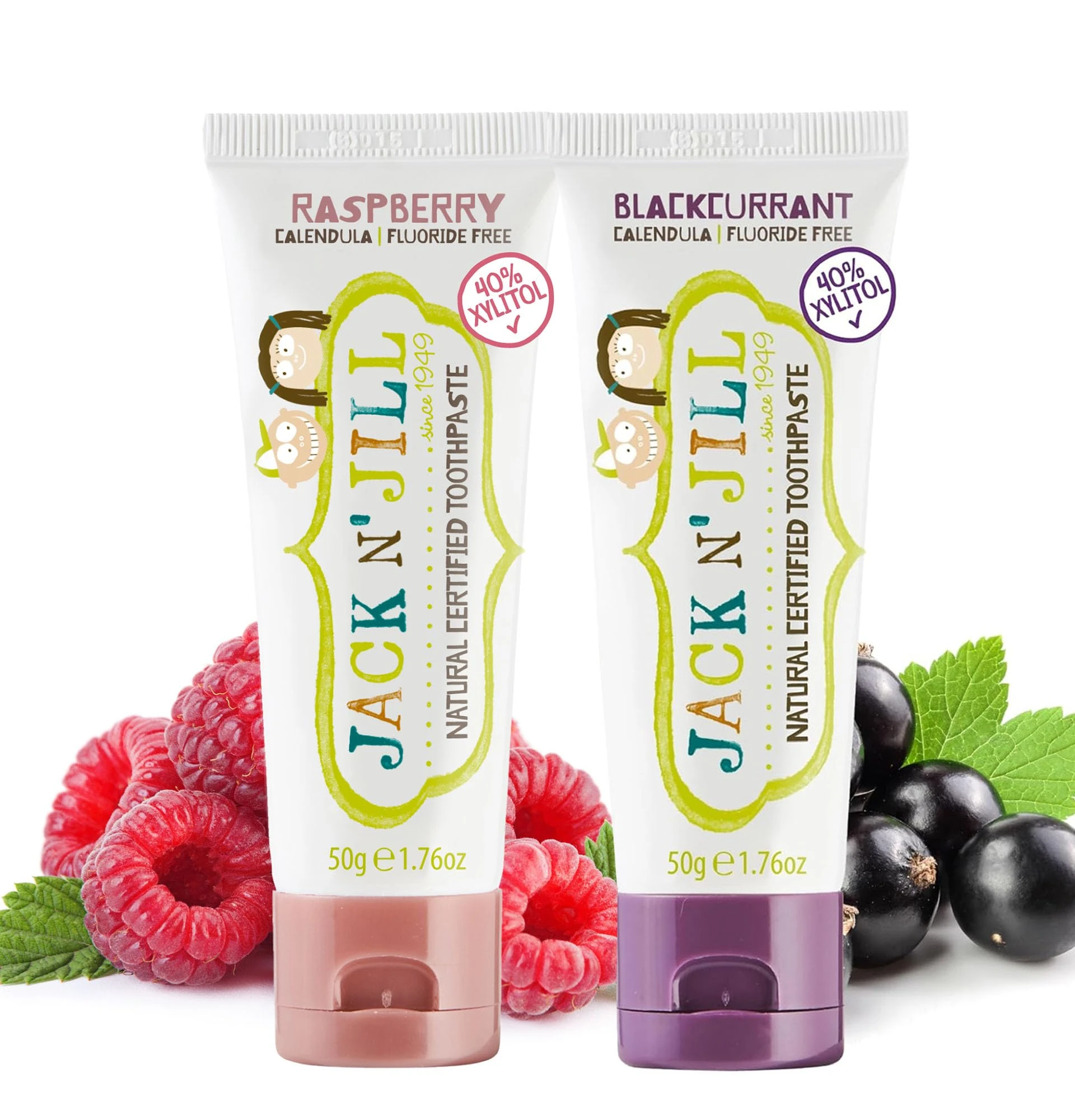Jack N’ Jill Natural Certified Kids Toothpaste – Fluoride-Free Toddler & Baby Toothpaste with 40% Xylitol, No Sugar, Suitable from 6 Months+, Blackcurrant & Raspberry Flavour, Pack of 2 (50g Each)