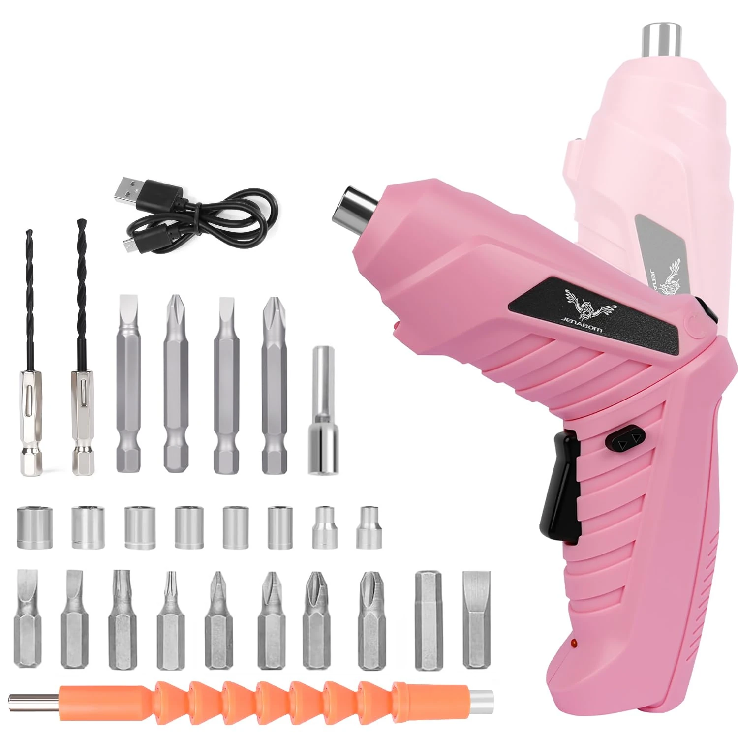 JENABOM Electric Screwdriver Cordless, Electric Screwdriver Kit for Women Home DIY, 3.6V/1300mAh Rechargeable Power Drill Driver, with USB Cable LED Light, Pink