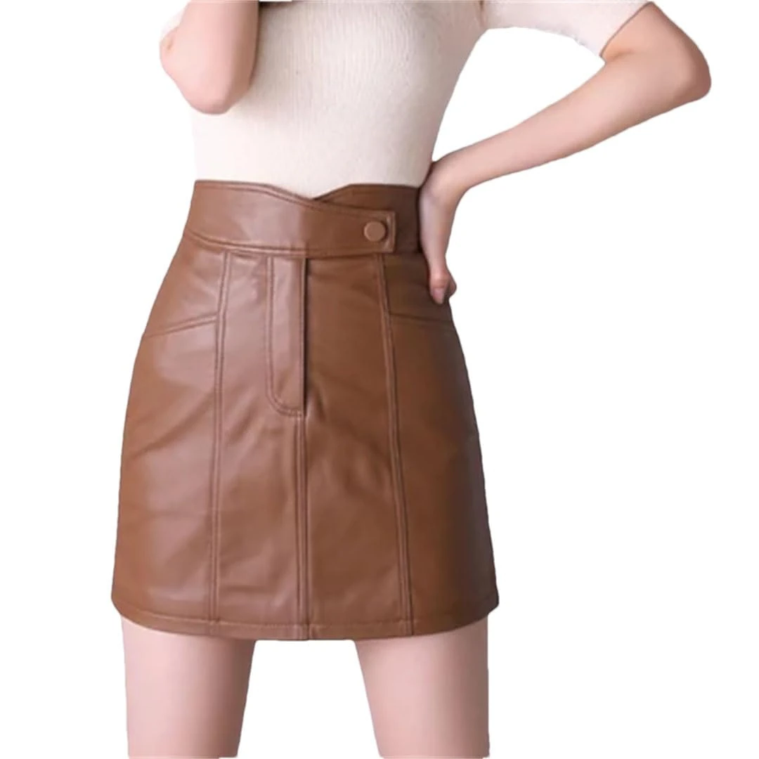 Women's Leather Short Skirt A-Line Slim Zipper Mini Chic Skirt Brown XL