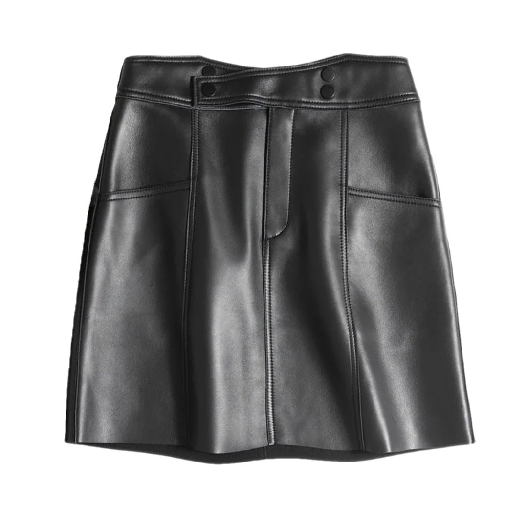 Women Winter Leather Mini Skirts Korean Chic High Cross Waist A-Line Pocket Slim Sexy Streetwear Black L