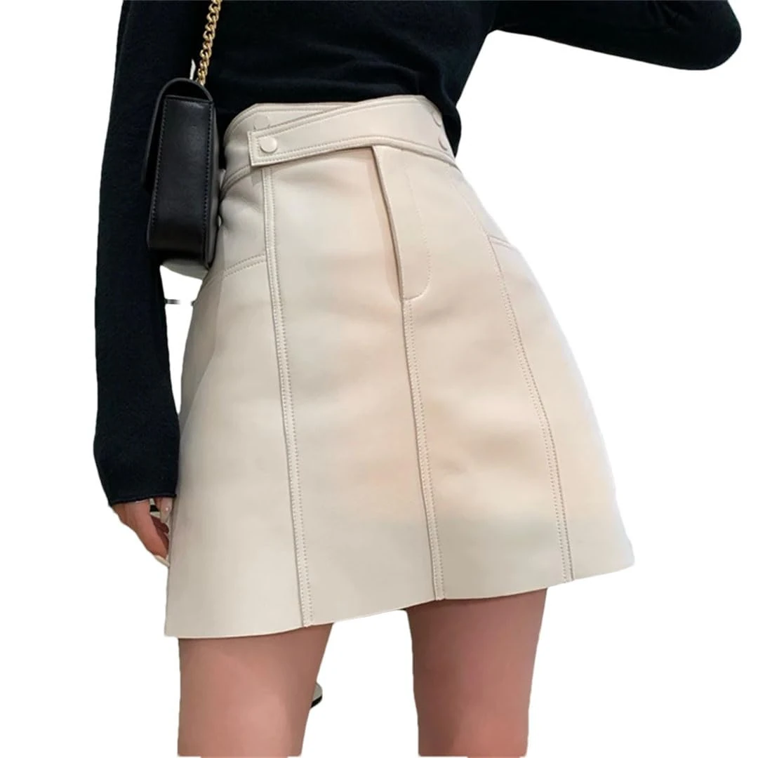 Women Winter Leather Mini Skirts Korean Chic High Cross Waist A-Line Pocket Slim Sexy Streetwear White L
