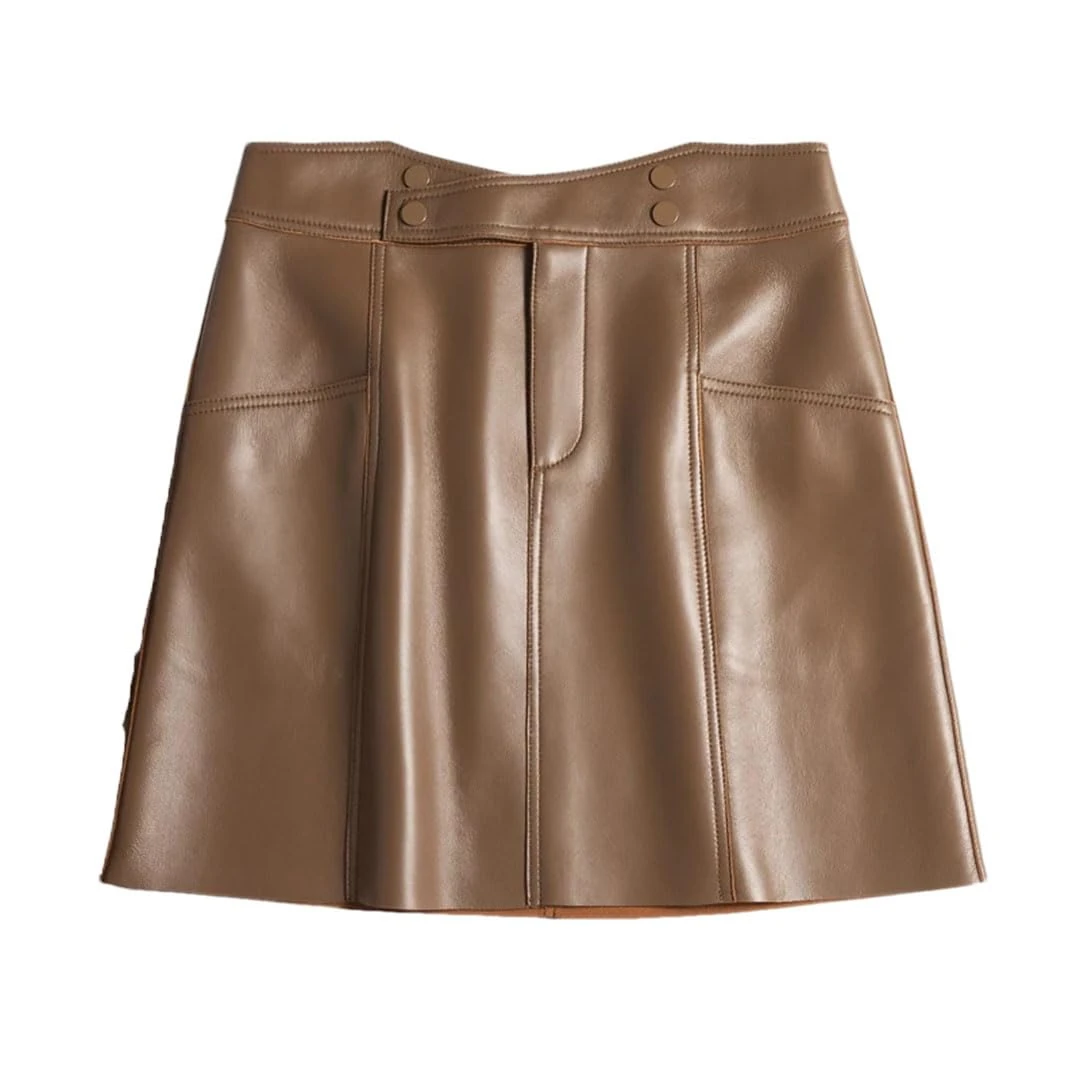Women Winter Leather Mini Skirts Korean Chic High Cross Waist A-Line Pocket Slim Sexy Streetwear Brown M
