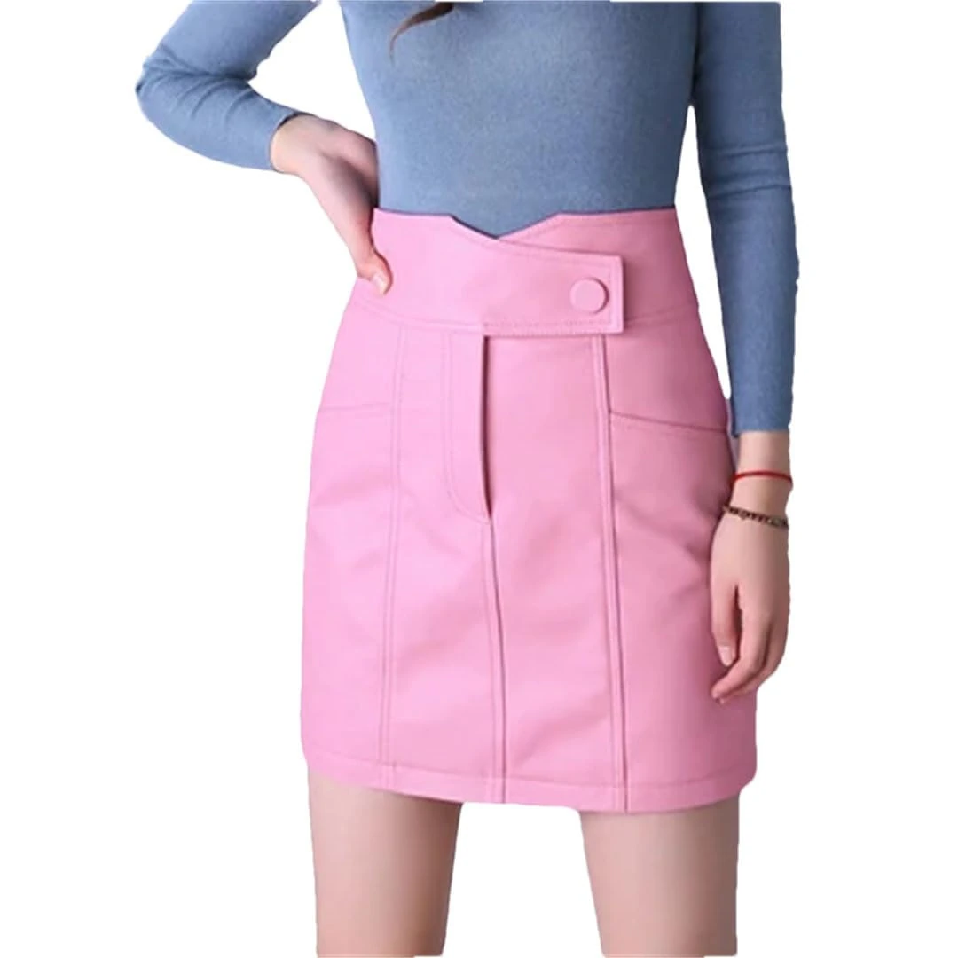 Women's Leather Short Skirt A-Line Slim Zipper Mini Chic Skirt pnnrk M