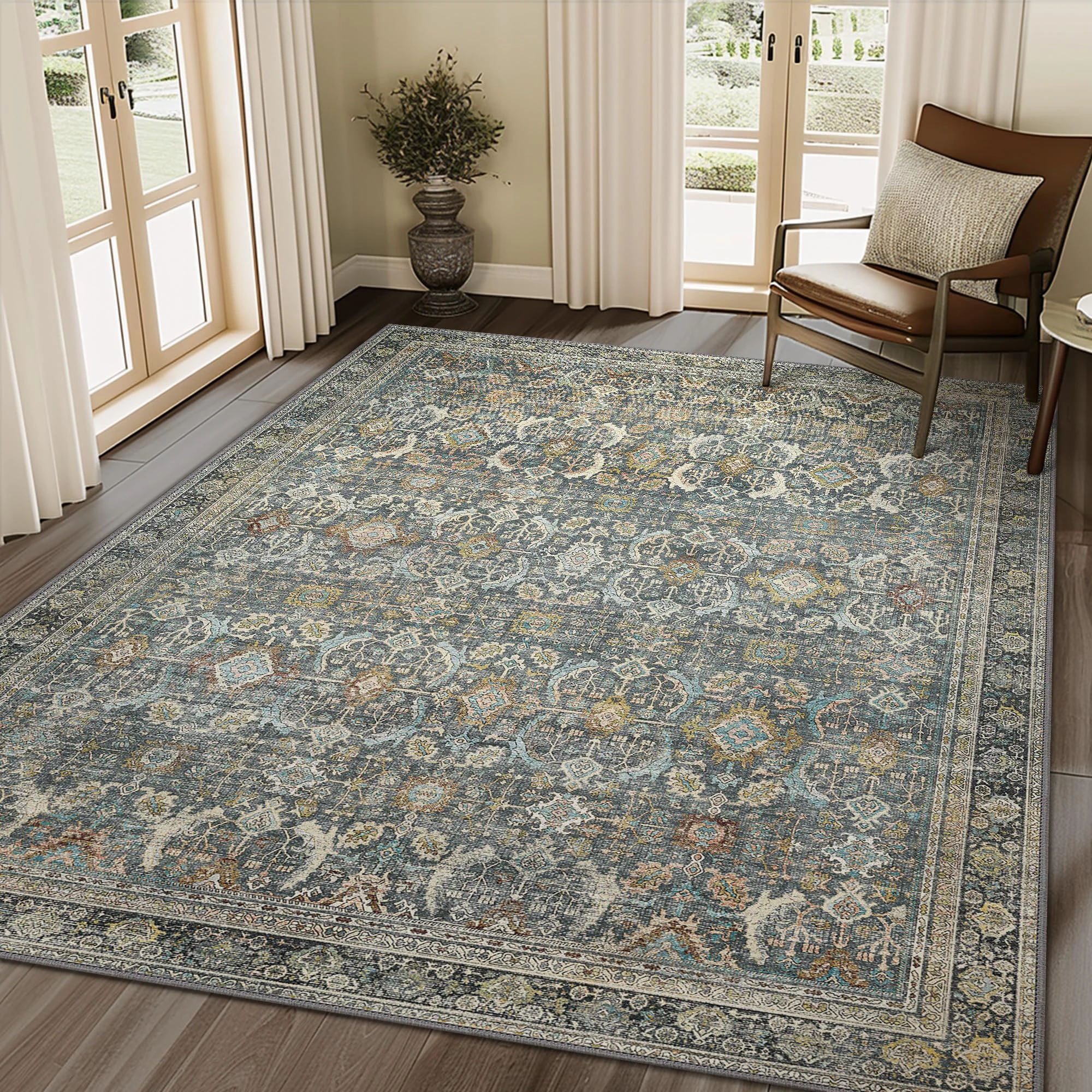 BESBLEE 10X14 Area Rugs Machine Washable Rugs for Living Room, Vintage Boho Large Rugs for Bedroom Dining Room, Non Slip Indoor Soft Distressed Lightweight Thin Low Pile Carpet, Terracotta