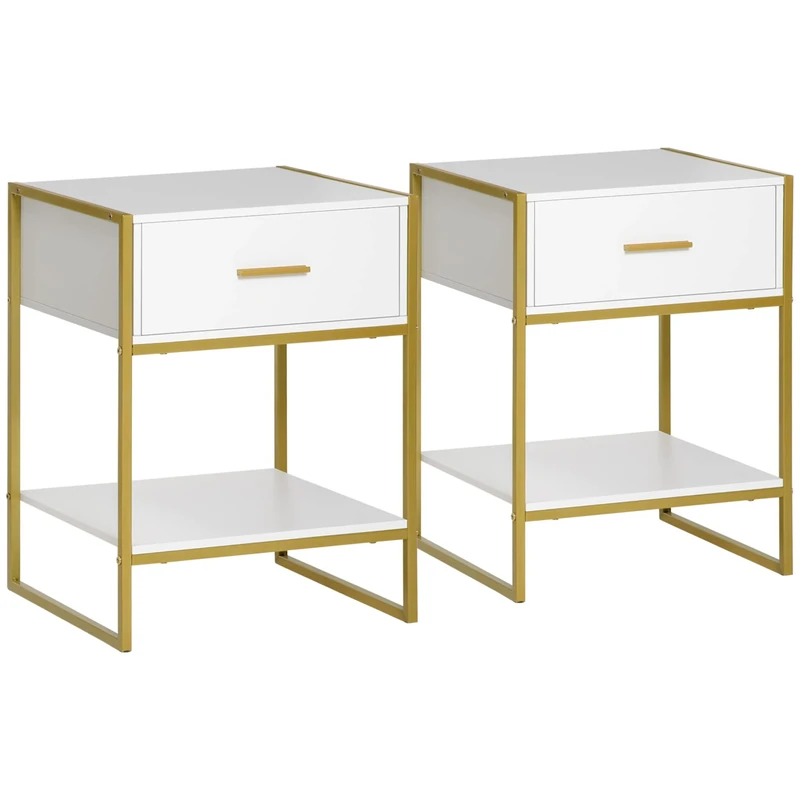 HOMCOM Bedside Table with Storage Drawer and Open Shelf, Modern Nightstand, Side Table with Metal Frame for Bedroom, Living Room, Set of 2, White