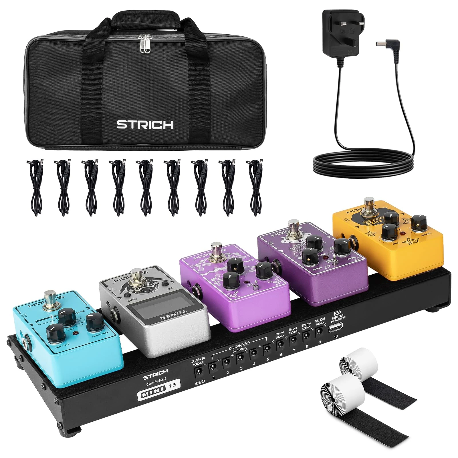 STRICH Guitar Pedal Board with Built-in Power Supply, Small Pedal Board 15 x 5.1" 1.3LB Lightweight Aluminum Alloy, PedalBoard with Pedal Cables, Bag, Hook Loop Strips PB-M15