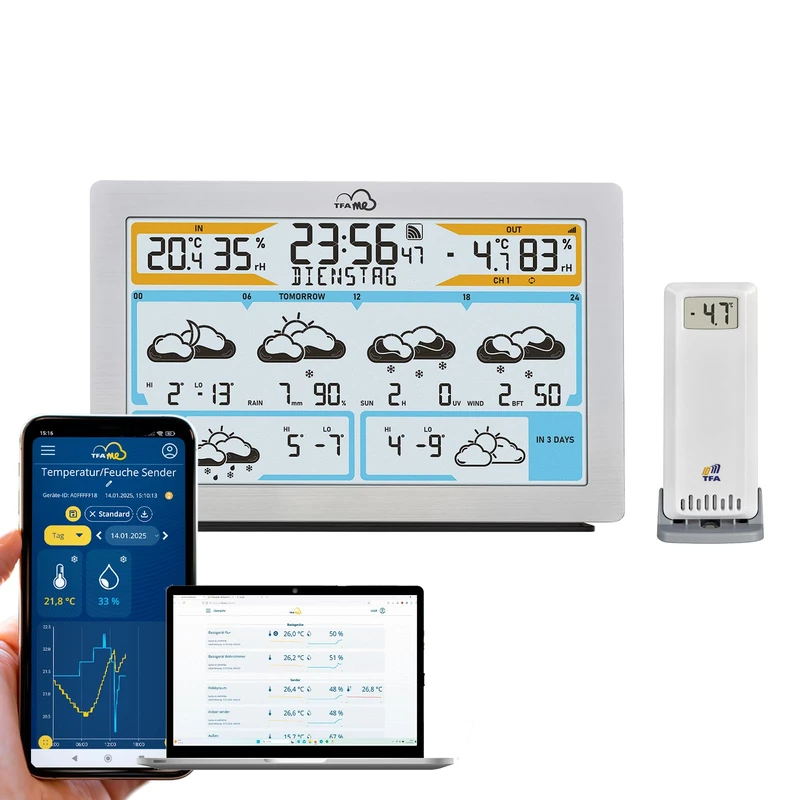 TFA Dostmann Wifi TFA.me ID-02 Weather Station, 35.8100, weather forecast by wetter.com 3-6 days, online portal, wireless outdoor sensor, weather alert, world, silver - Image 1