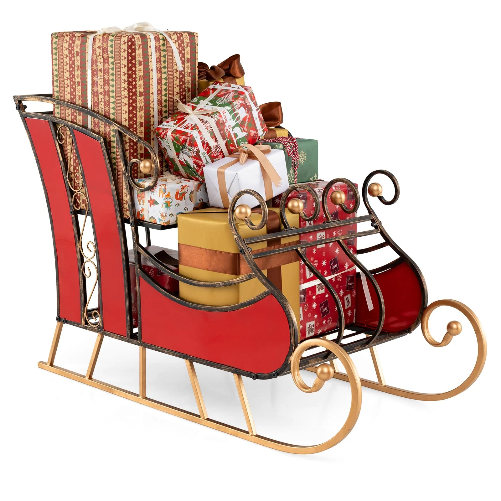 HAPPYGRILL 23” Christmas Santa Sleigh, Metal Sleigh with 2-Tier Storage Shelf, Christmas Sleigh Decoration for Indoor and Outdoor Displays