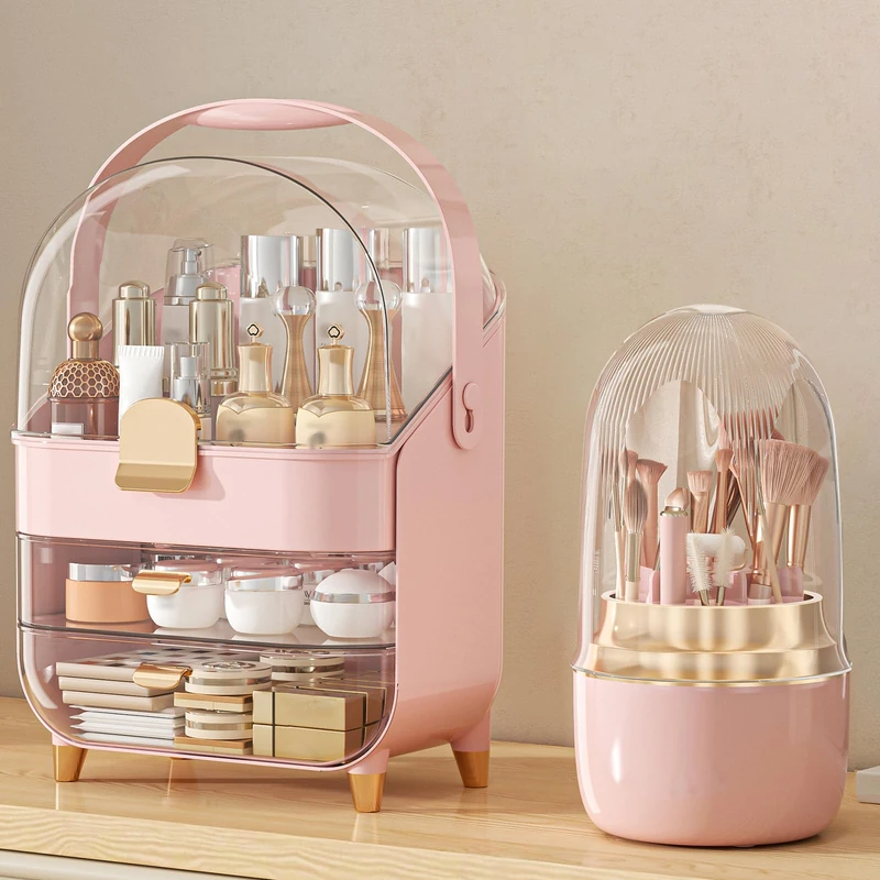Anylady Makeup Organizer, Skincare Holder Bathroom Counter Organizer（with Brush Holder, pink