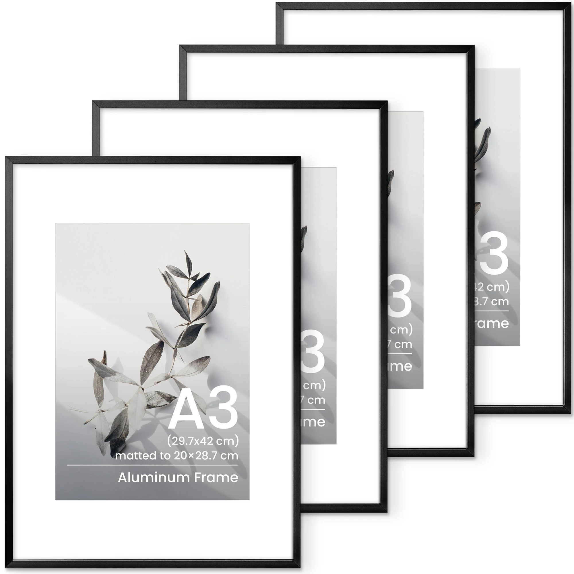 A3 Picture Frame, 4 Pack Metal A3(30x42 cm) Photo Frame, A3 Frame with Mount for A4(21x29.7 cm) Print, Wall Mounting A3 Poster Documents Certificate Frame for Home Family Office