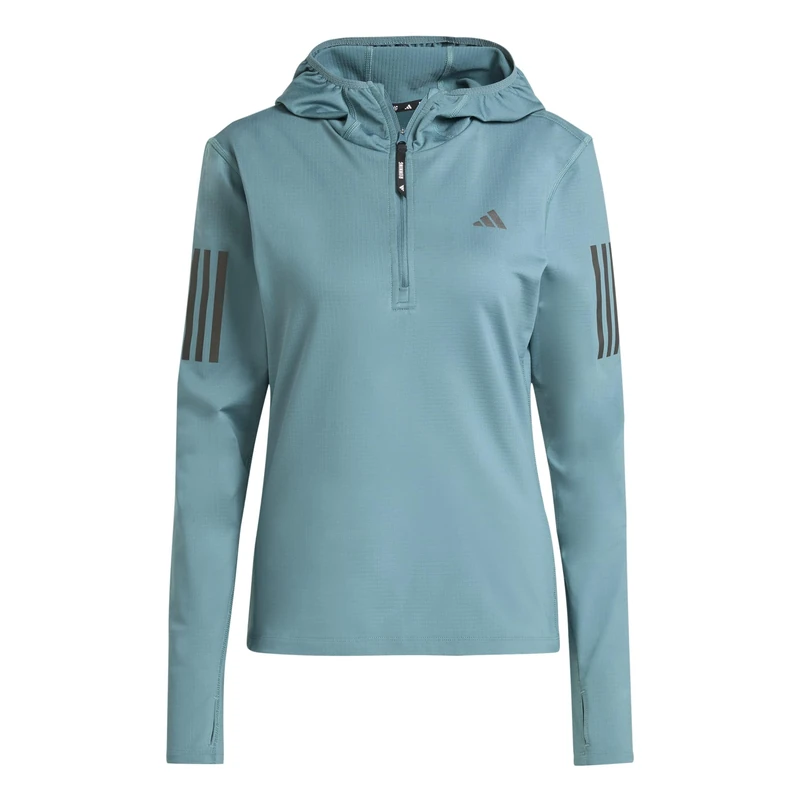 adidas Women's Own the Run Winterized Hooded Half-Zip, Preloved Teal, XXS