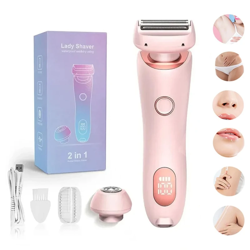 Lady Shaver for Women, 2 in 1 Waterproof Belarae Brazilian Electric Women's Razor for Face Lips Arms Legs Armpits Bikini, Wet & Dry, Painless Hair Removal, Rechargeable Women's Shaver (Pink)