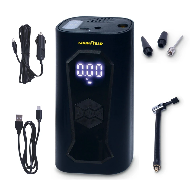 Goodyear Portable Rechargeable Wireless Compressor 6000 mAh, 5 in 1, Inflation, Deflation, Pressure Measurement, Power Bank, 6 LED Flashlight, Accessories Included, Cigarette Lighter Socket