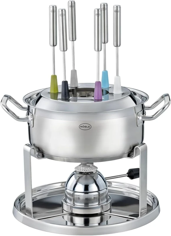 RÖSLE Fondue Set with Gas Burner for 6 People - Stainless Steel Fondue Pot 20 cm with Glass Lid, Gas Burner 1000W, Foldable Rechaud & Fondue Accessories for Table Fondue, Party Fondue & Family Fondue
