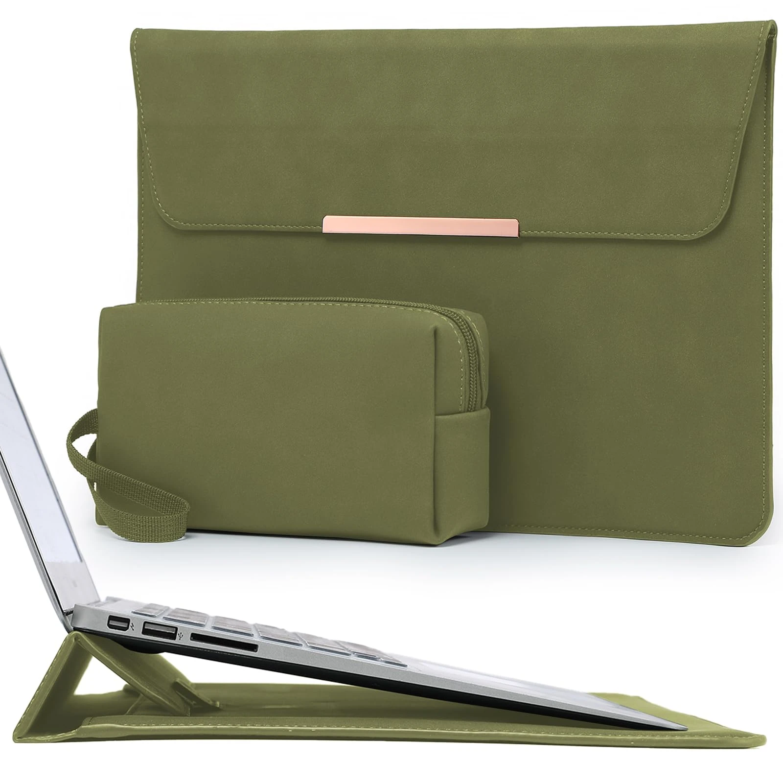 HYZUO 13 Inch Laptop Sleeve with Stand Feature for MacBook Air 13 M4 M3 M2 M1 2025-2018, MacBook Pro 13 M2 M1, 13" iPad Pro/Air, Surface Pro, with Carry Bag, Olive Green(Smiley)