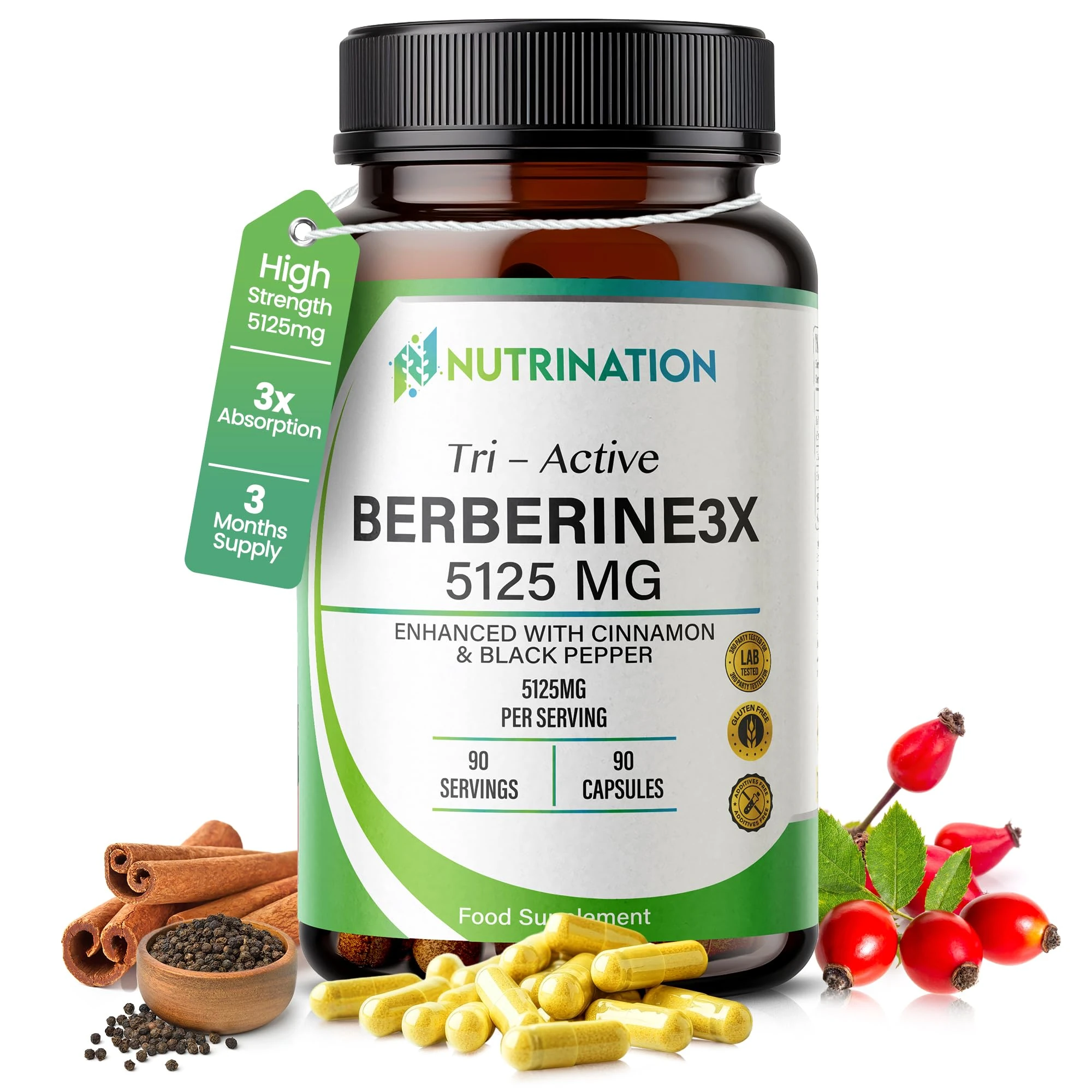 Berberine High Strength Supplement 5125mg | 90 Capsules One-Per-Day 3-Month Supply| 98% Pure Berberine HCL Capsules | Enhanced with Ceylon Cinnamon & Black Pepper | Zero Additives - Lab Tested