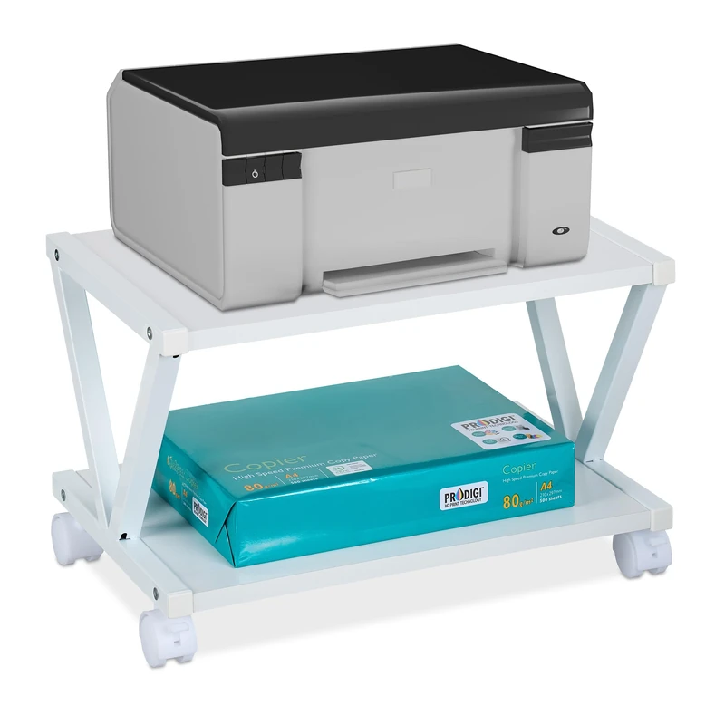 Relaxdays Printer Stand for Desk, 2 Levels, Wheels, Office Shelf, Spare Paper, Storage, HxWxD: 28 x 44 x 28.5 cm, White, Fibreboard
