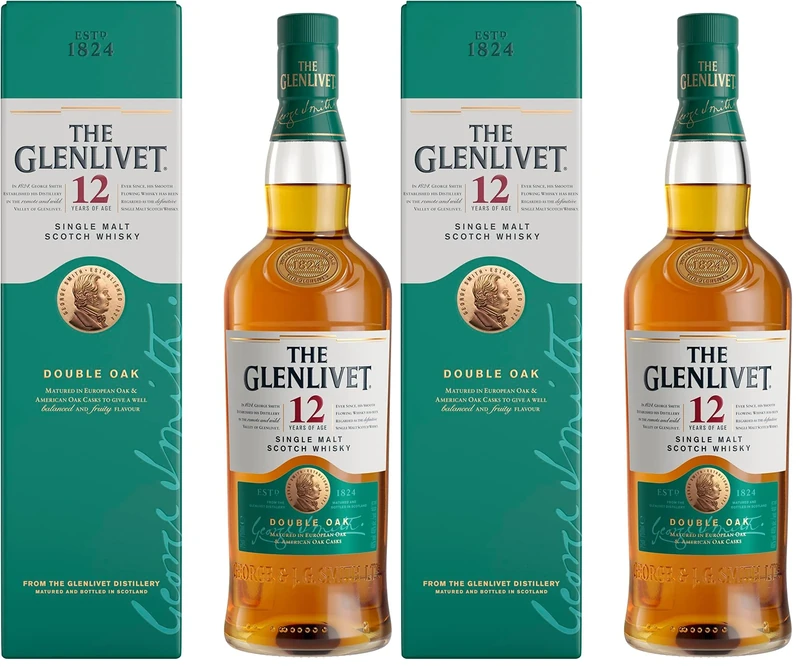 The Glenlivet 12 Year Old Single Malt Scotch Whisky (Double Oak), 70cl with Gift Box, Malt Whisky (Pack of 2)