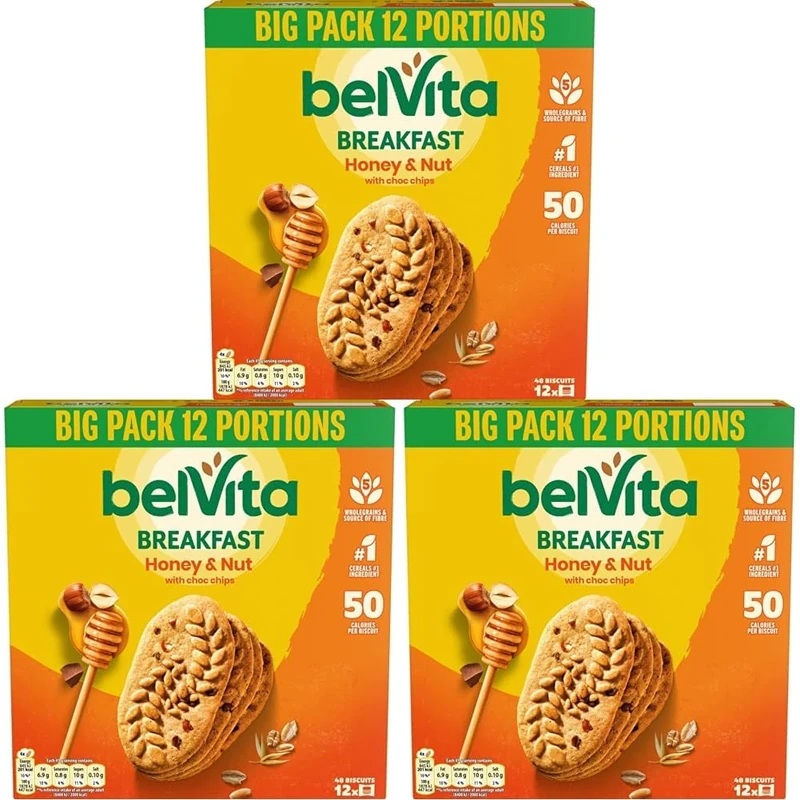 Belvita Breakfast Honey & Nuts with Choc Chips Biscuits with 5 Wholegrains & Fibres, 540 g (Pack of 3)