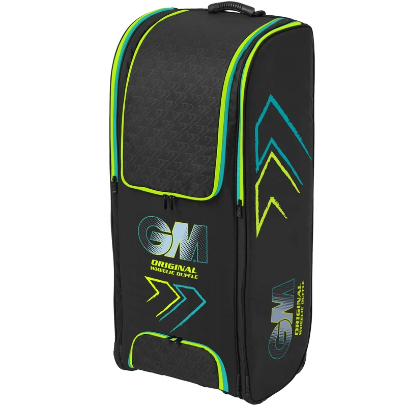 GM | Cricket Duffel Bag | Original Wheelie Duffle | All-Terrain Wheels | Shoe Tunnel, Two Pad Pockets & Padded Straps | Volume - 126 Litres | Tough 600 Denier Polyester | Aion Cyan & Fluro