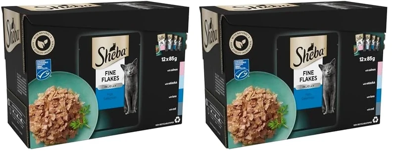 Sheba Fine Flakes in Jelly - Fish Collection - Wet Cat Food Pouches for Adult Cats - 48 x 85 g (Pack of 2)