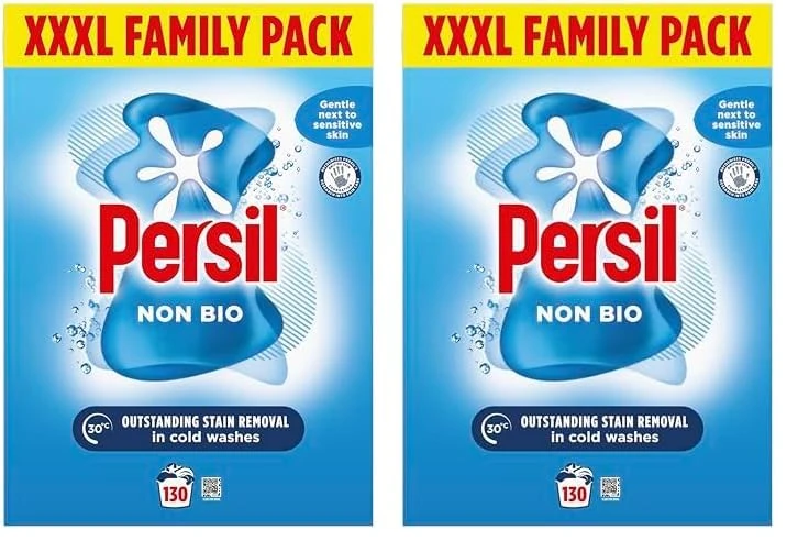 Persil Non Bio Washing Powder XXXL Family Pack gentle next to sensitive skin for outstanding stain removal in cold washes 130 washes (6.5 kg) (Pack of 2)