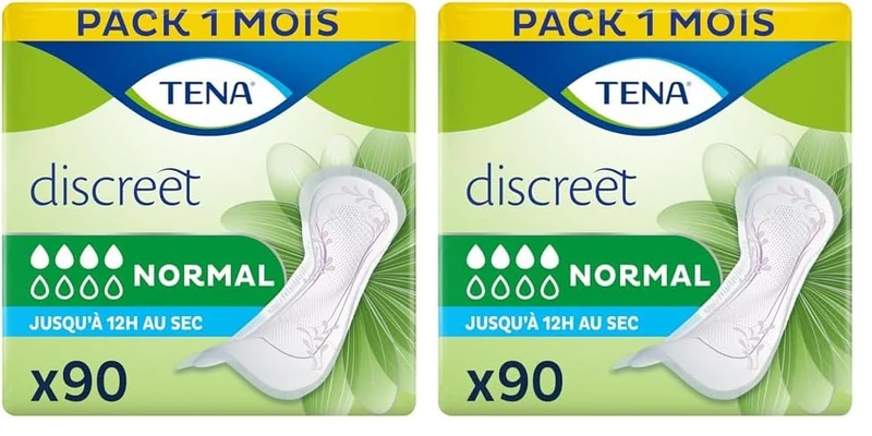 TENA Discreet Normal, 90 Incontinence Pads (15 x 6) Individually Wrapped, for Women with Medium Bladder Weakness, Incontinence and Unpredictable Leaks (Pack of 2)