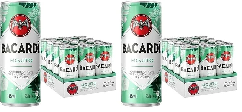 BACARDÍ Mojito, Ready-To-Drink Pre-Mixed Cocktail Can, Made with BACARDÍ Carta Blanca Rum and Mixed with Lime and Mint, 5% ABV, 25cl / 250ml x 12 (Pack of 2)