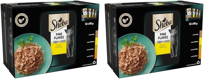 Sheba Fine Flakes in Jelly – Poultry Collection – Wet Cat Food Pouches for Adult Cats – 48 x 85 g Pack (Pack of 2)