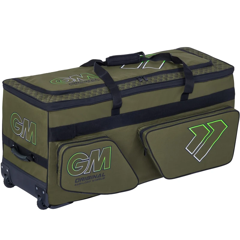 GM | Cricket Bag Holdall | Original Easi-Load Wheelie | All-Terrain Wheels | Two Full Size Bat Pockets | DVO Dynamic Volume 136-162 Litres | Tough 600 Denier Polyester | Khaki Apollo Green